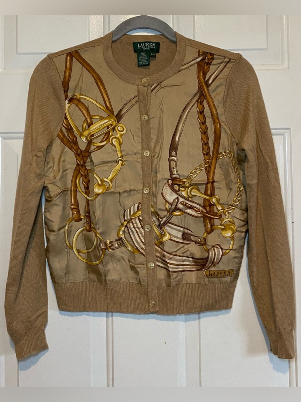 Lauren Ralph Lauren Tan and Gold Equine Print Cardigan